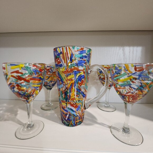 Pier One Confetti 48 Ounce Tall Bar Pitcher and Four Water Goblets